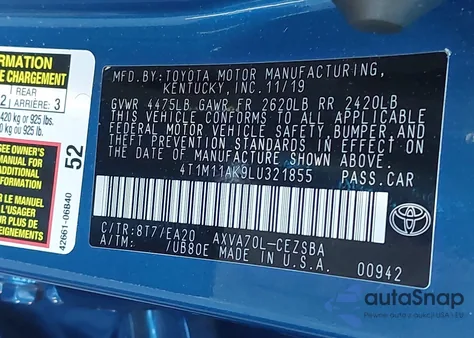 2020 Toyota Camry Se z USA, uszkodzony, nr VIN 4T1M11AK9LU321855